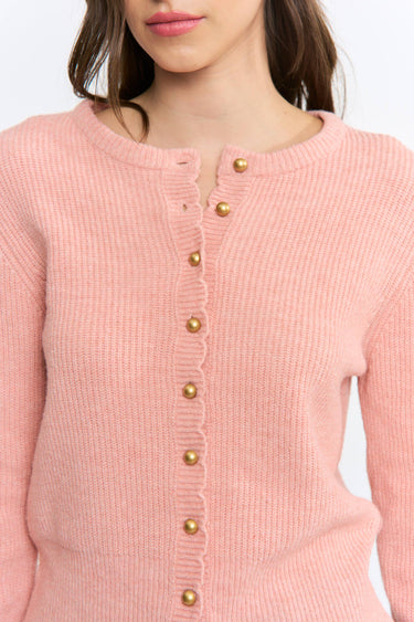 Pearl Button Ribbed Knit Cardigan in pink showing pearl button details
