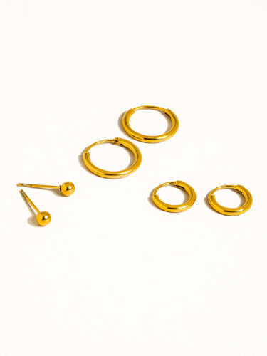 Brigitte 18K Gold Non-Tarnish Hoops Circle Earring set including large, small hoops and ball stud.