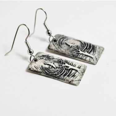Porcelain Earrings, Night Flight rect. bird, kiln fired