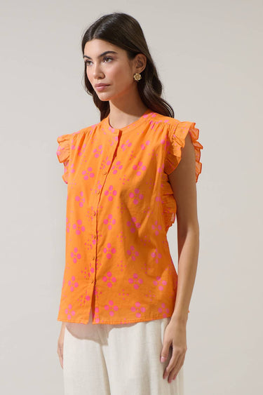 Donna Dot Hessi Button Down Top in vibrant orange with floral print and ruffled cap sleeves