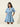 Gabriella Denim Fray Mini Dress with fringe details and cinched tie-waist, styled in light denim color.