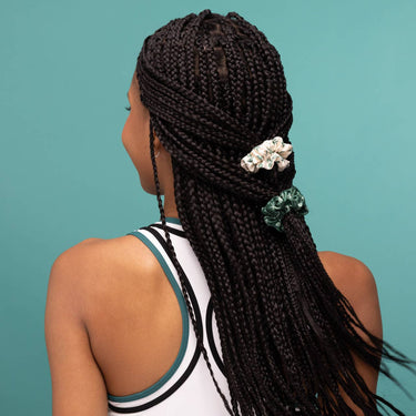 Ruched Satin Scrunchies worn in a ponytail hairstyle