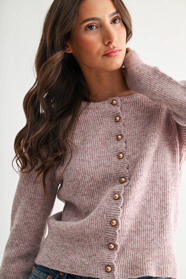 Pearl Button Ribbed Knit Cardigan in mauve with a close-up view of the ribbed texture