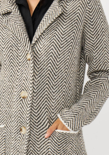 Herringbone Long Sleeve Button Front Coatigan - M / Taupe/Cream - Coatigan