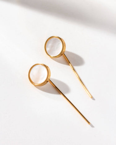 Lagoon Luster Mother Of Pearl Post Threader Earrings on a light background showcasing their minimalist design.