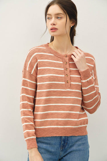 Striped Cotton Slub Henley Sweater in orange stripe close-up front view