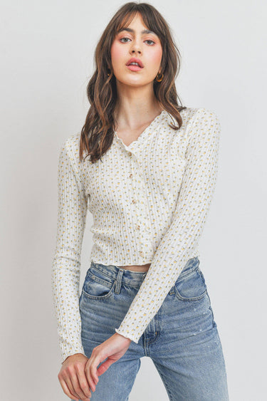 Vneck with Attached Front Button Long Sleeve Crop Top