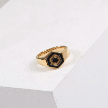 Mael - Geometric Hexagon Black Gold Signet Ring