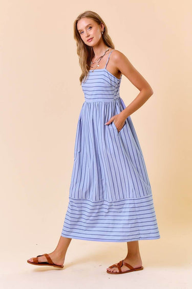 Maxi Dress with Side Pocket and Adjustable Strap in blue side view