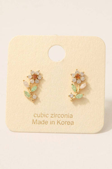 Gold Dipped Cz Flower Stud Earrings - G - Studs