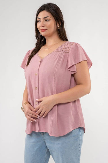 EYELET YOKE RUFFLE SLEEVE WOVEN TOP