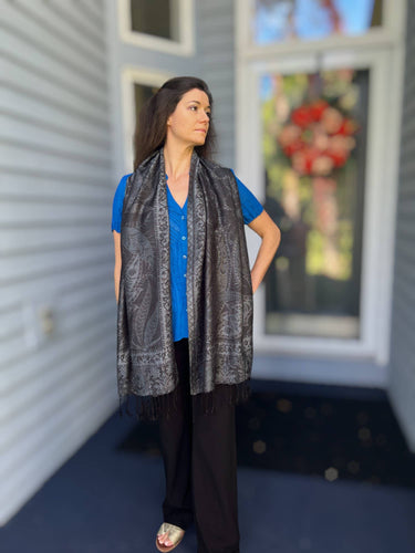 Black and Gray Modal Silk Jamawar Pashmina front drape view