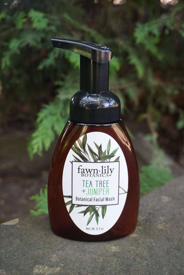Tea tree + juniper botanical facial wash in a pump bottle surrounded by greenery.