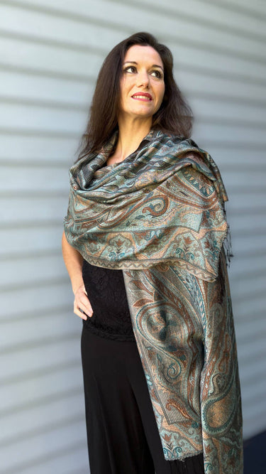 Teal and Gold Modal Silk Jamawar Pashmina