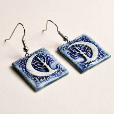 Handmade Earrings, Crescent Moon Tree blue, artistic, USA