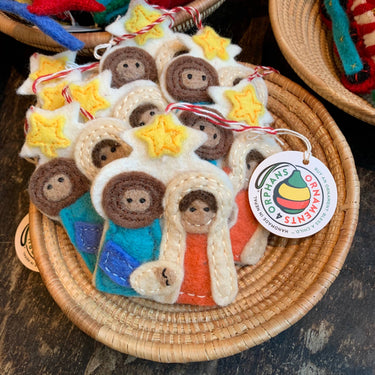 Nativity Felt Wool Christmas Ornament set displayed in decorative basket