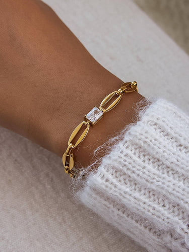 Melrose 18K Gold Non-Tarnish Link Chain CZ Bracelet worn on the wrist