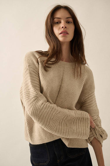Solid Round Neck Center Seam Rib Knit Sweater