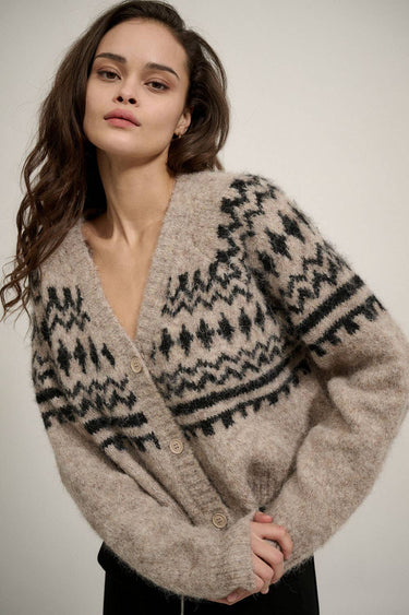 Abstract V Neck Button Front Cardigan Sweater