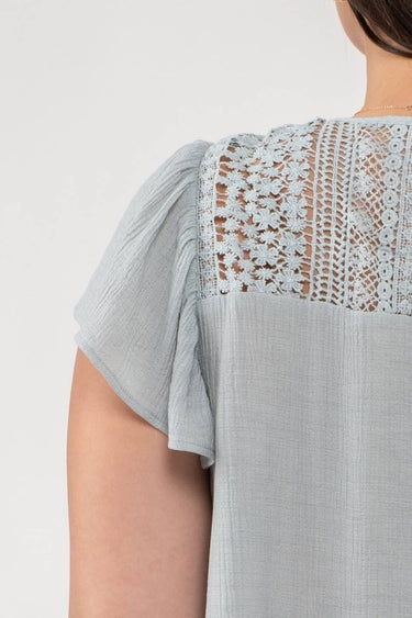 EYELET YOKE RUFFLE SLEEVE WOVEN TOP