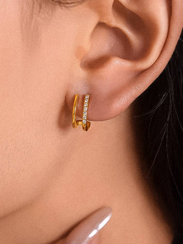 18K gold non tarnish CZ double hoop earrings close-up