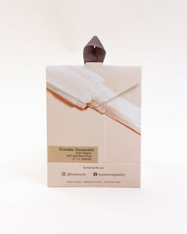 Half Moon Gemstone Necklace- Amazonite packaging showcasing genuine amazonite with a stylish ribbon.