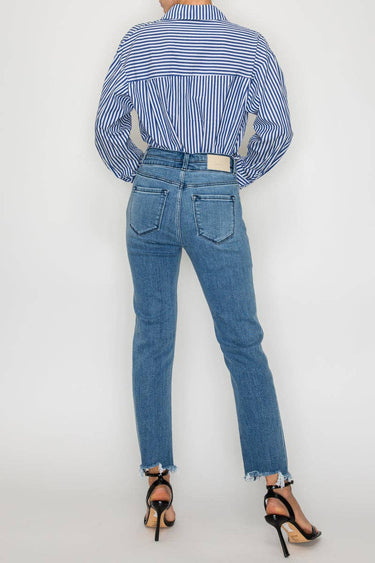 High Rise Double Waistband Straight Raw Hem Jean - Jeans