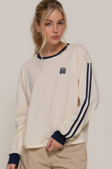 Long Sleeve with Contrast Line Detail Embroidery Tee - L / IVY-cream/navy - Top