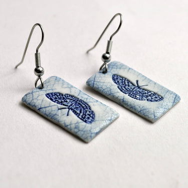 Earrings, Butterfly Blue, Handmade fired porcelain
