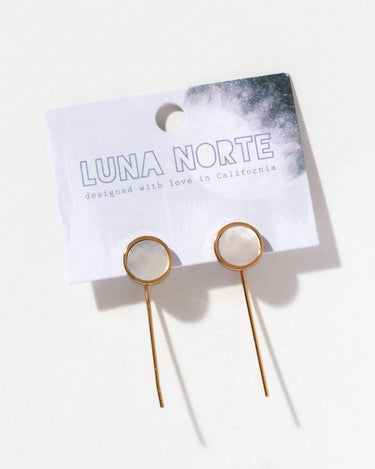 Lagoon Luster Mother Of Pearl Post Threader Earrings displayed on card with circular gold frames.