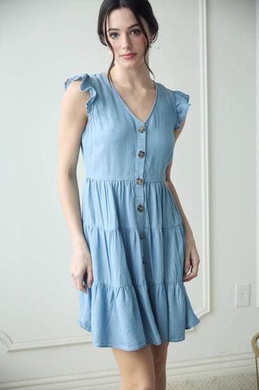 CHAMBRAY BUTTON DOWN TIERED MINI DRESS