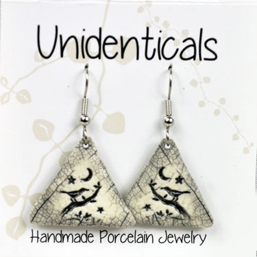 Earrings, Tri, ,bird,moon, stars, nature, handmade,usa, art