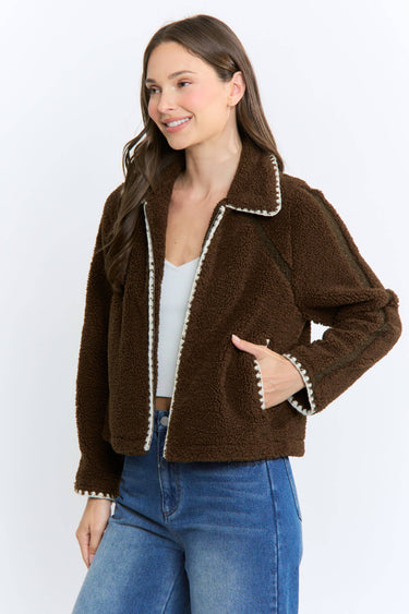Sherpa Fleece Zip-Up Jacket Contrast Trim angled front view highlighting the zip closure