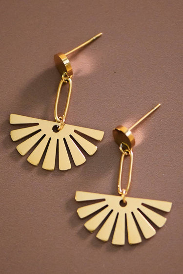 18K Gold PVD Plated Waterproof Stainless Steel Drop Earrings 7527 displayed vertically on a neutral background