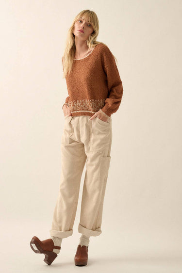 Solid Furry Abstract Round Neck Knit Sweater Top