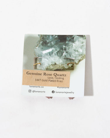 Prism Mini Hoop Earrings- Rose Quartz displayed on packaging with gemstone details and gold plating.