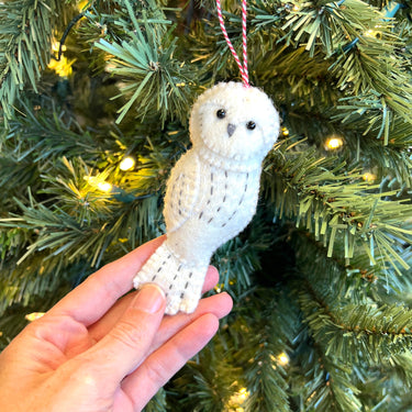Snowy Owl Felt Wool Christmas Ornament held by hand