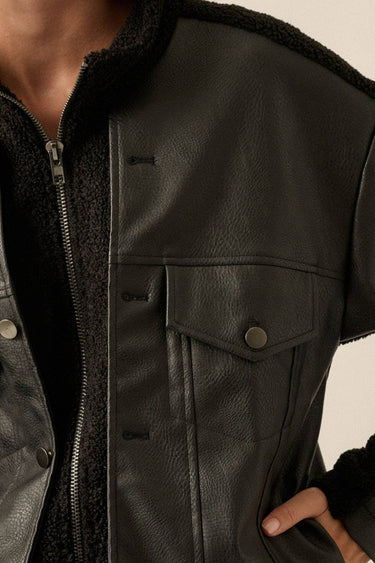 Faux Leather Contrast Fuzzy Zip Up Jacket