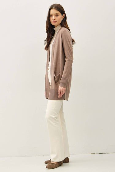 Wool Blended Basic Open Long Cardigan in taupe full-length view