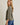 Side view of model wearing olive green Round Neck 3-4 Sleeve Top
