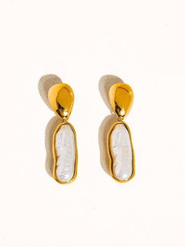 18K non-tarnish pearl drop earrings close-up