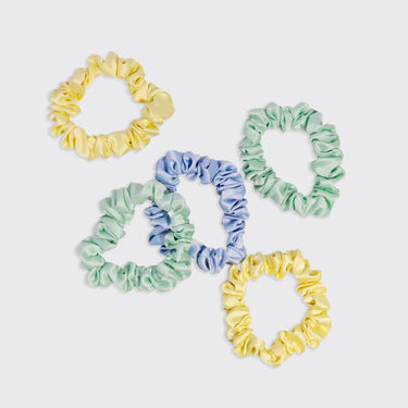 Ruched Satin Scrunchies 5pc Set - Multi-color featuring coastal-inspired satin colors.