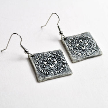 Earrings, Mandala Tile one square black handmade usa