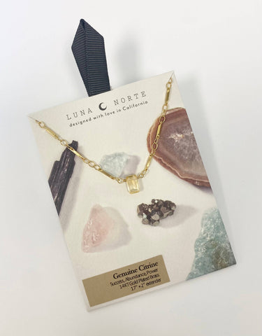 Prism Gems Birthstone Necklace - November featuring genuine citrine on a decorative card with crystals.