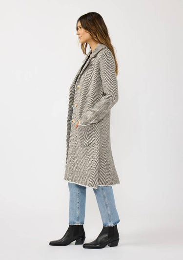 Herringbone Long Sleeve Button Front Coatigan - L / Taupe/Cream - Coatigan