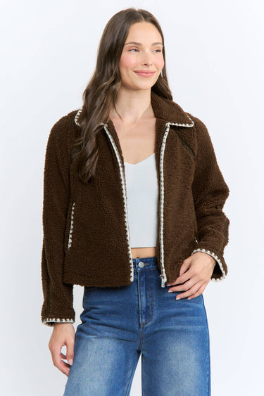 Sherpa Fleece Zip-Up Jacket Contrast Trim side view showing the relaxed fit
