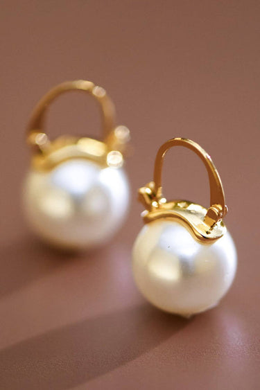 18K Gold PVD Plated Stainless Steel Pearl Drop Earrings 8036 close-up highlighting the white pearl accents