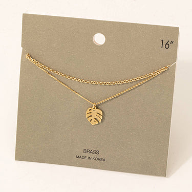 Metallic Monstera Pendant Double Chain Necklace