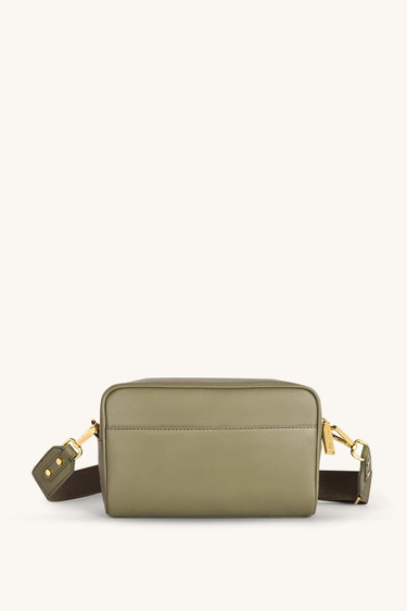 Mira & Moss Lucienne Crossbody Bag in olive green vegan leather with gold-tone hardware.