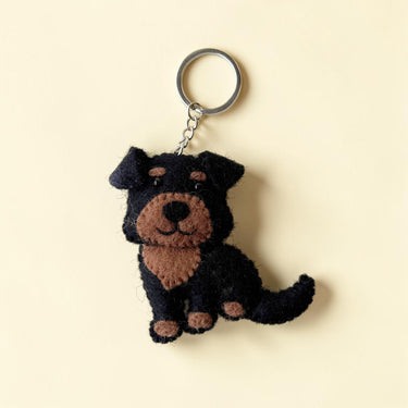 Rottweiler Puppy Dog Felt Wool Keychain in black and brown with metal ring